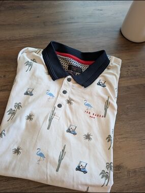 Ted Baker Kids Cream Polo with Navy Contrast Collar and Blue Prints